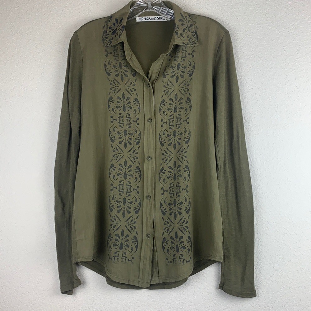 Michael Stars Olive Green Earthy Dark Academia Boho Button Down Mixed Fabric S M